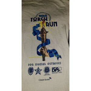 2014 NC LAW ENFORCEMENT TORCH RUN white t shirt MEDIUM preowned 2 sided    B5